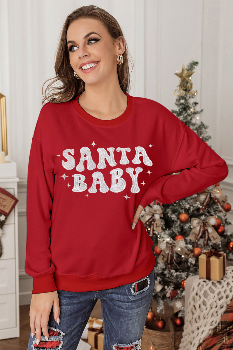 Red SANTA BABY Embroidered Crewneck Christmas Sweatshirt