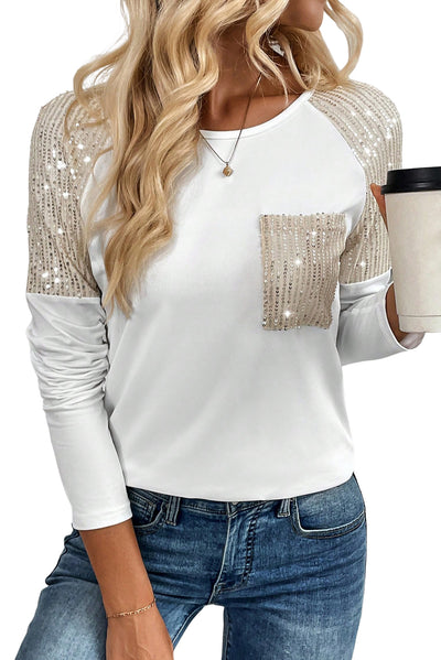 Sequin Patch Chest Pocket Raglan Sleeve Top