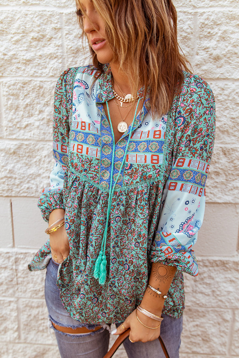 Fiery Red Split Neck Bubble Sleeve Floral Patchwork Blouse