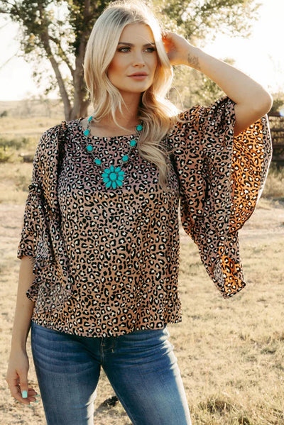 Chestnut Leopard Print Ruffle Wide Sleeve Blouse