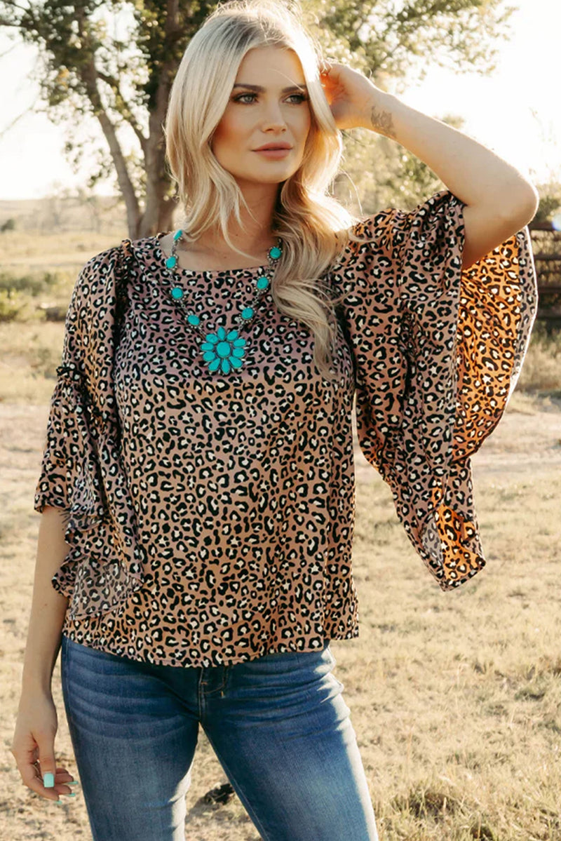 Chestnut Leopard Print Ruffle Wide Sleeve Blouse