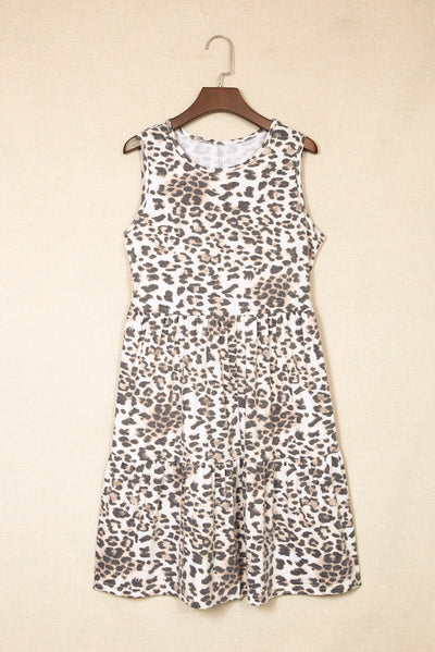 Leopard Print Layered Ruffled Sleeveless Mini Dress