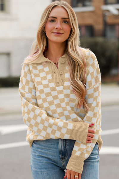 Apricot Checkered Buttons Collar V Neck Drop Shoulder Sweater