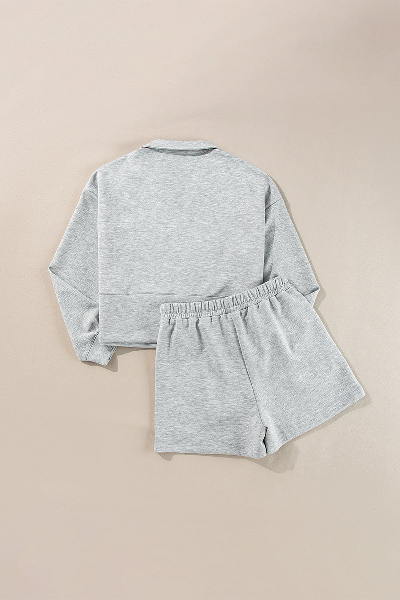 Light Grey Stand Neck Zipped Sweatshirt and Shorts Set