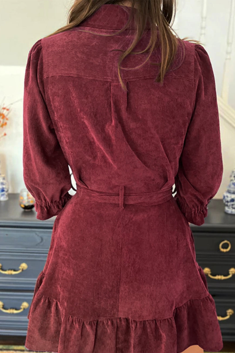 Red Dahlia Collared Buttons Front Ruffled Hem Shirt Corduroy Dress