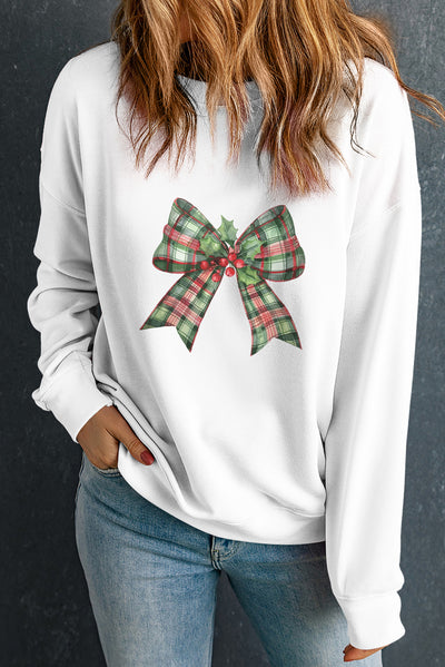 Beige Holly Plaid Bow Graphic Christmas Themed Sweatshirt