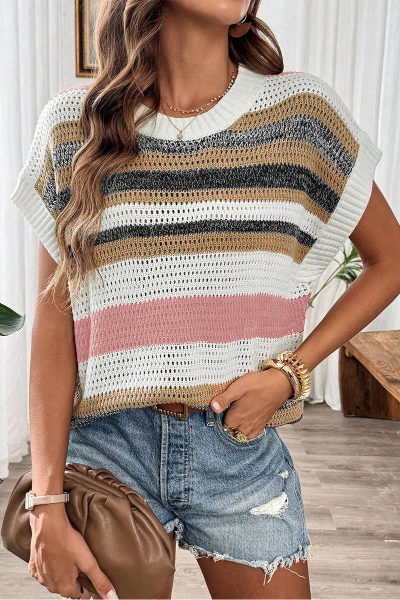 Pink Stripe Color Block Eyelet Knit Short Sleeve Sweater Tee