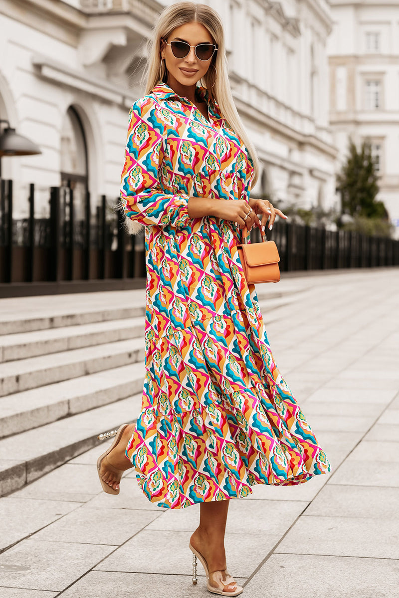 Multicolor Long Sleeve High Waist Dress