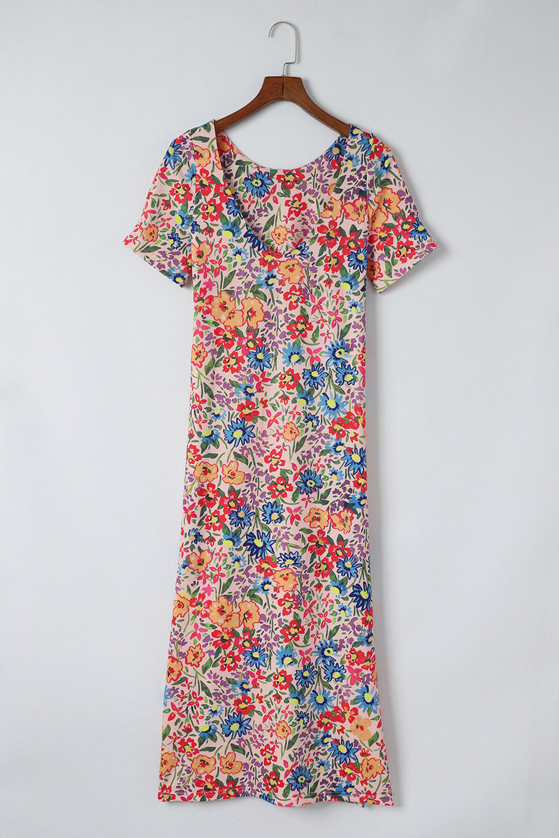 Multicolor Long Floral Print Short Sleeve Holiday Dress