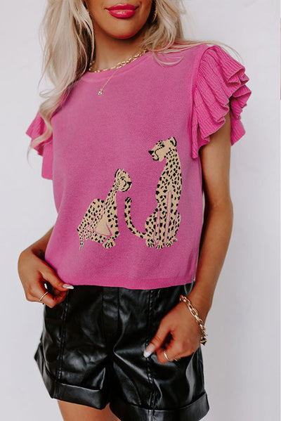 Pink Leopard Ruffled Sleeve Round Neck Knit Sweater