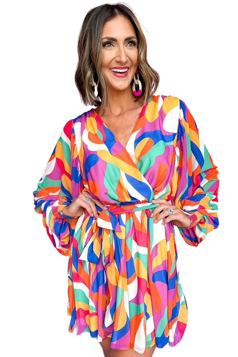 Multicolor Abstract Printed Belted Puff Sleeve Mini Dress