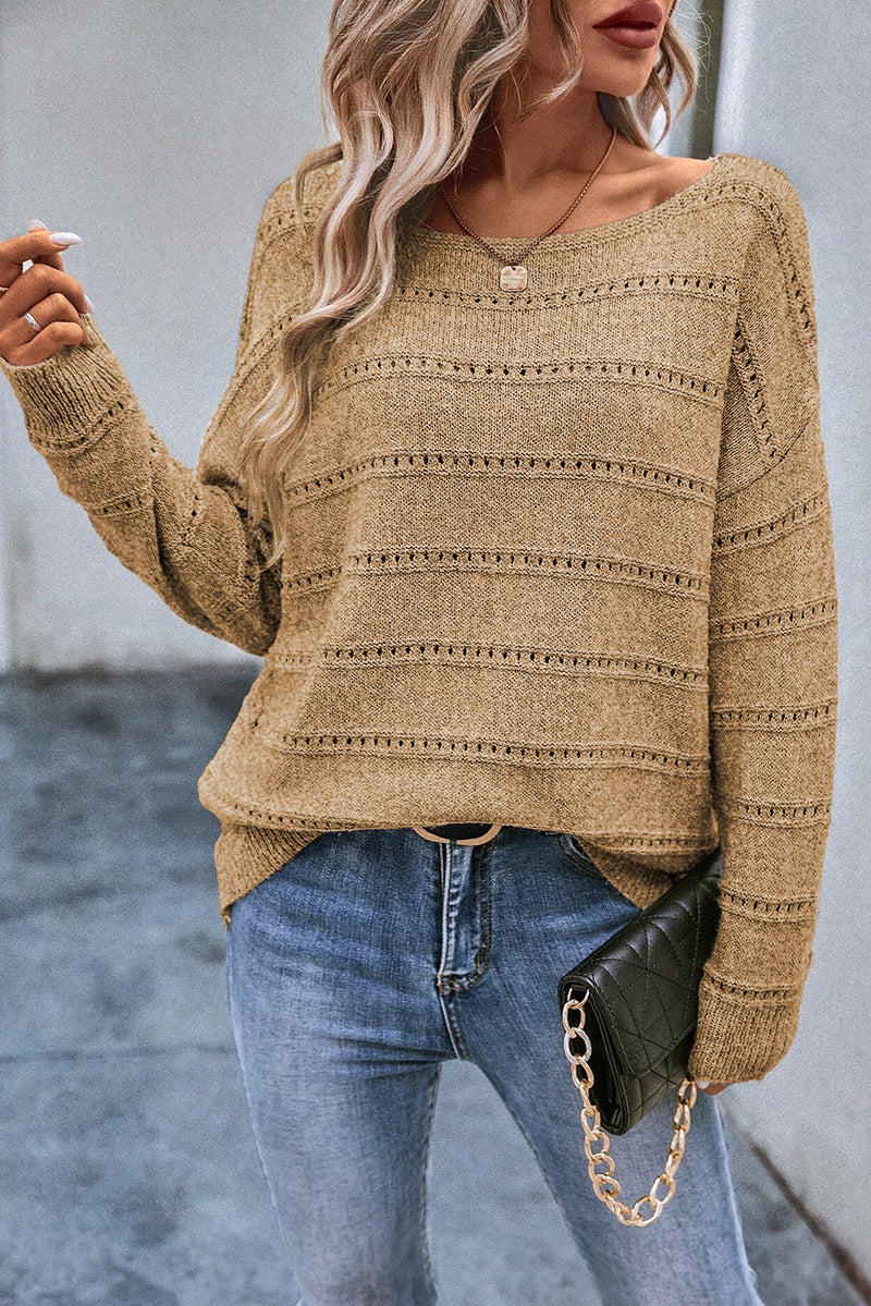 Boat Neck Drop Shoulder Pointelle Knit Sweater