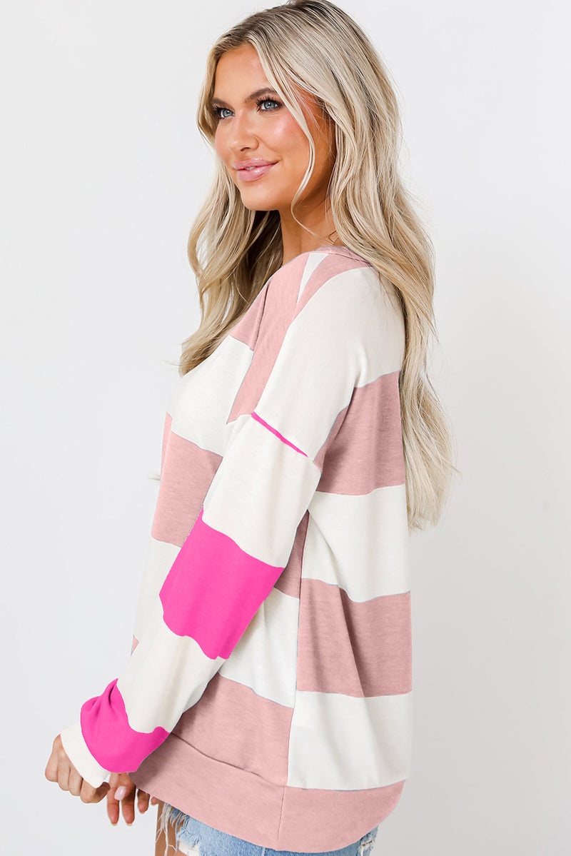 Rose Red Colorblock Striped Drop Shoulder Long Sleeve Top