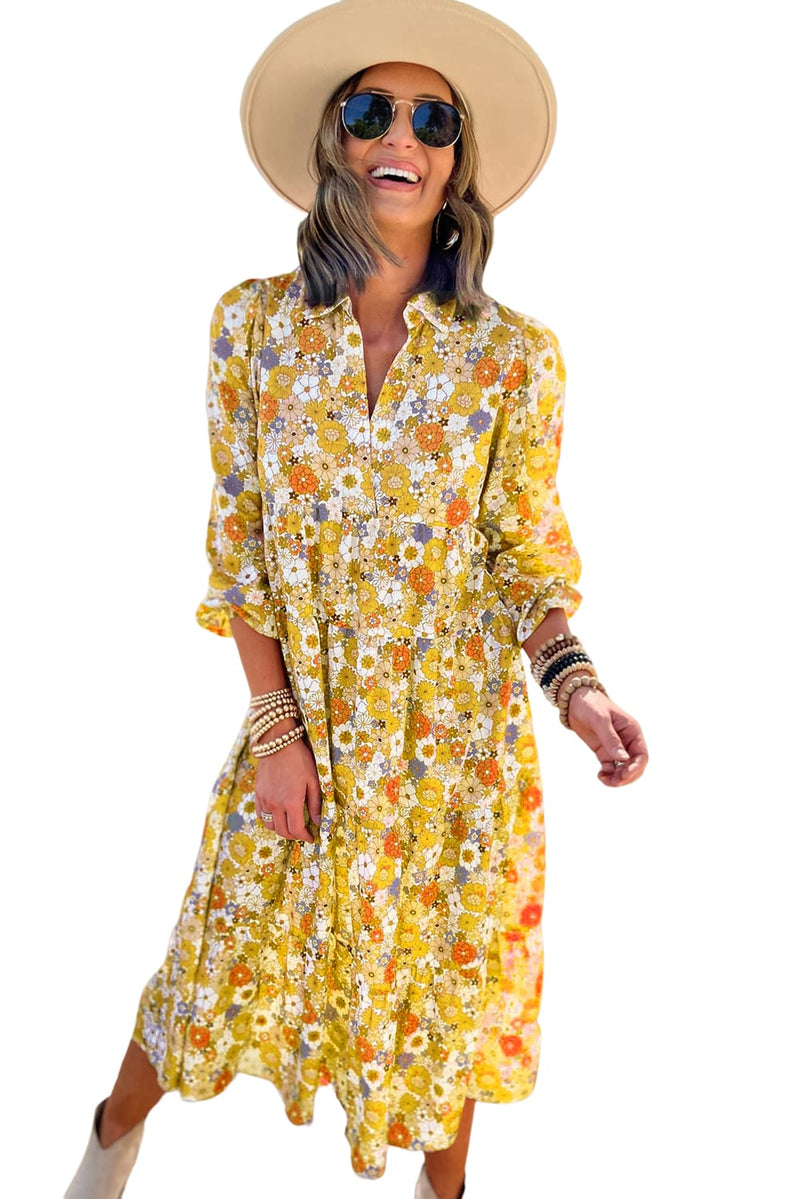 Multicolor Boho Floral Collared Long Sleeve Ruffled Dress