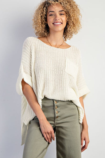 White Rolled Cuffs Loose Knit Tee with Slits