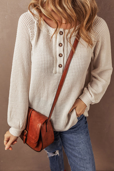 Oatmeal Waffle Knit Buttoned Front Raglan Sleeve Loose Blouse