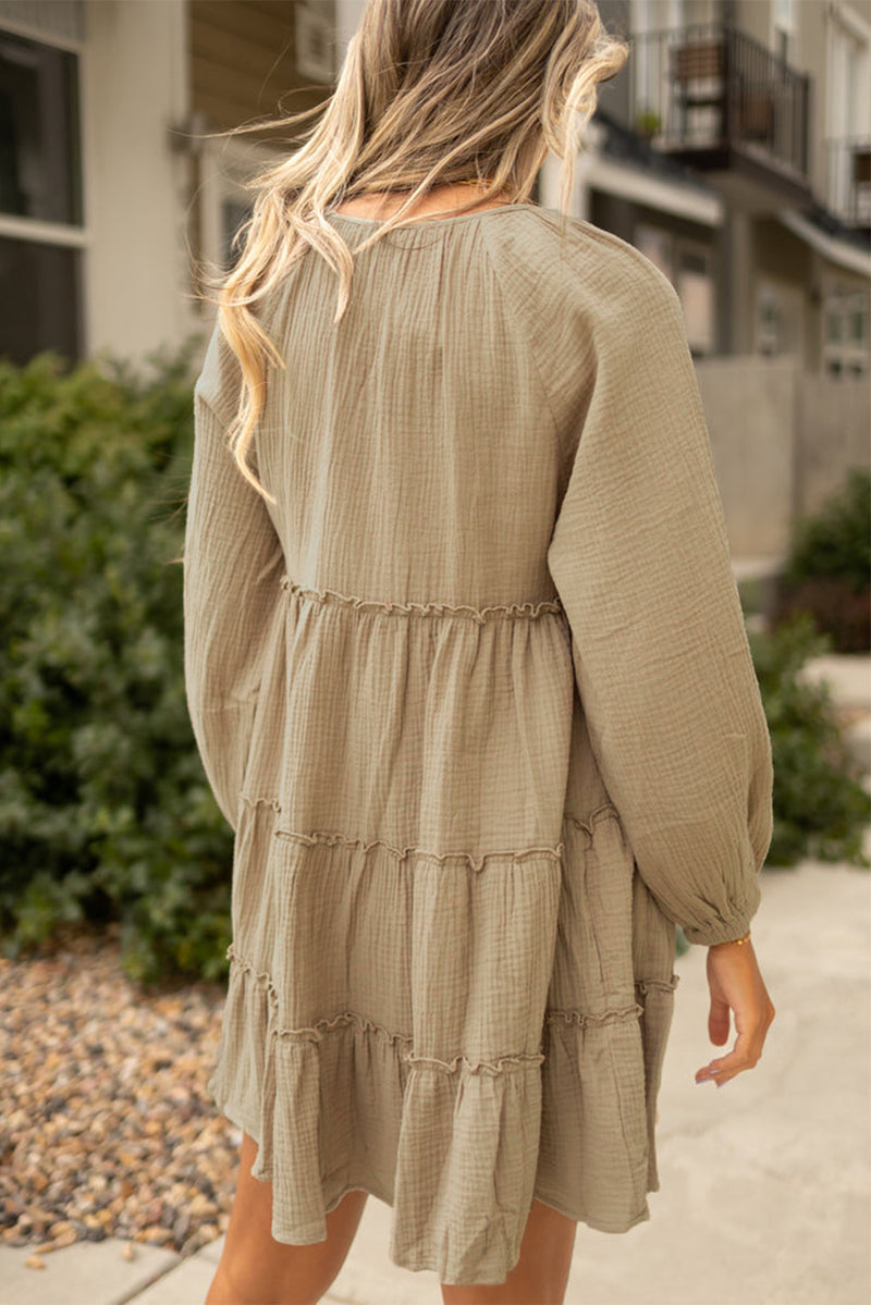 Pale Khaki Cotton Crepe V Neck Frill Tiered Mini Dress