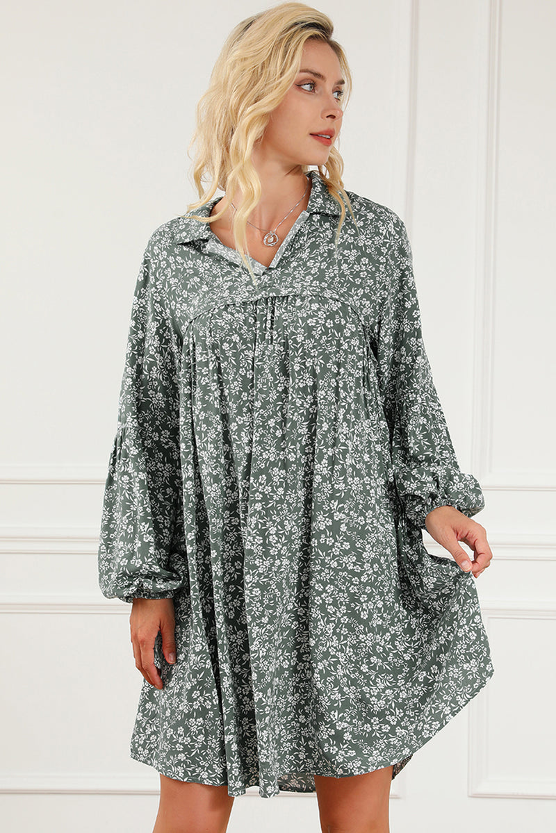 Green Floral Print Collared Puff Sleeve Babydoll Dress