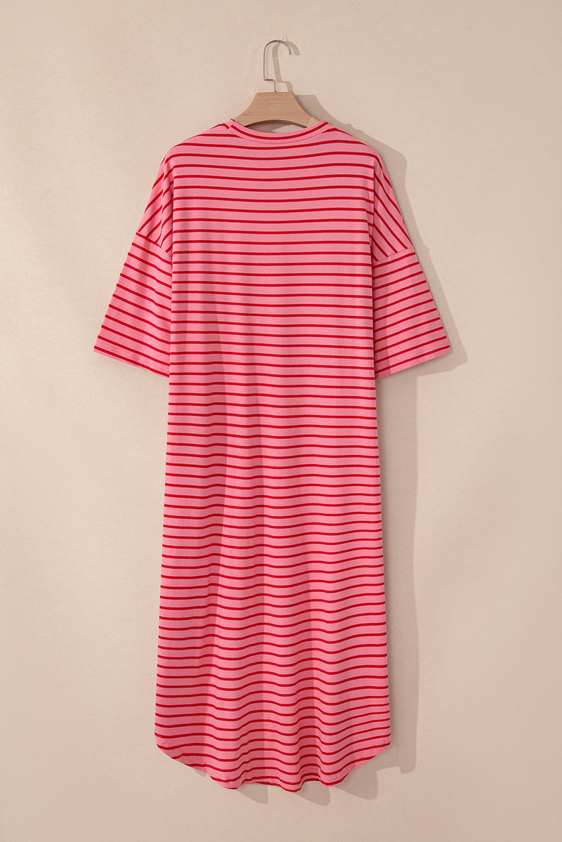 Strawberry Pink Striped 3/4 Sleeve Round Hem Shift T Shirt Dress