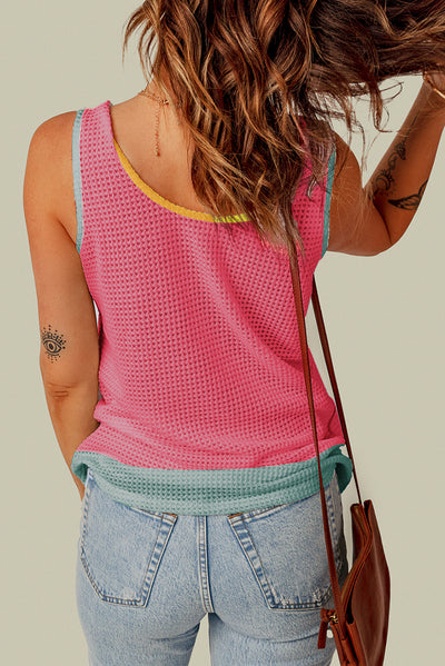 Rose Red Color Block Patched Pocket Breathable Knit Tank Top