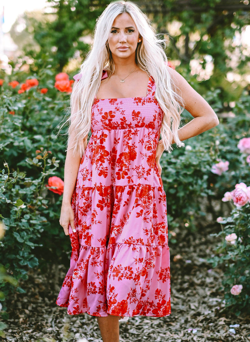 Blue Tie Shoulder Straps Tiered Floral Dress