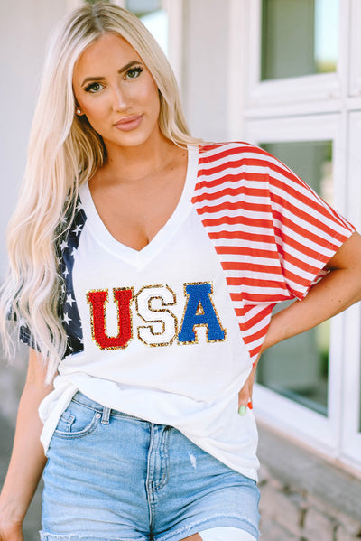 White Chenille USA Stars and Stripes Printed V Neck T Shirt