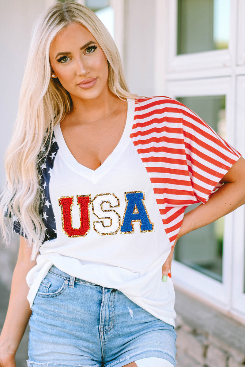 White Chenille USA Stars and Stripes Printed V Neck T Shirt