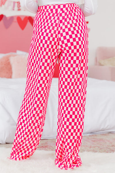 Pink Checkered Buttoned Shirt and High Waist Pants Pajama Set