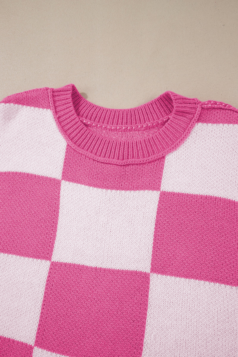 Rose Stripe Checkered Bishop Sleeve Sweater