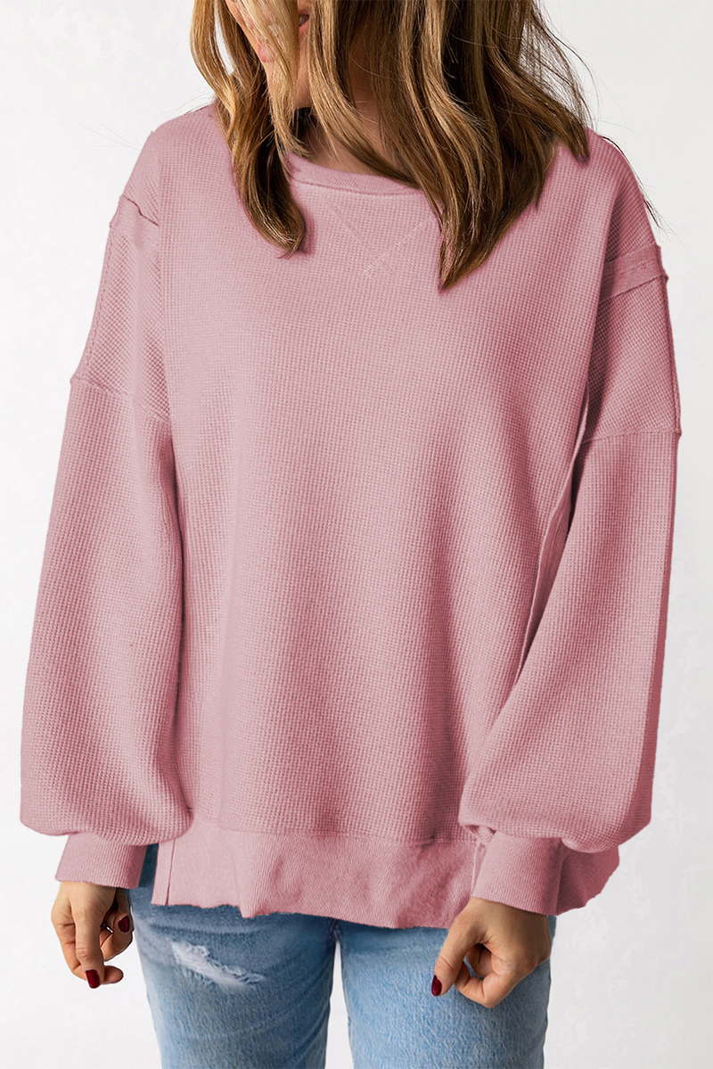 Pink Waffle Knit Bishop Sleeve Split Oversized Sweatshirt