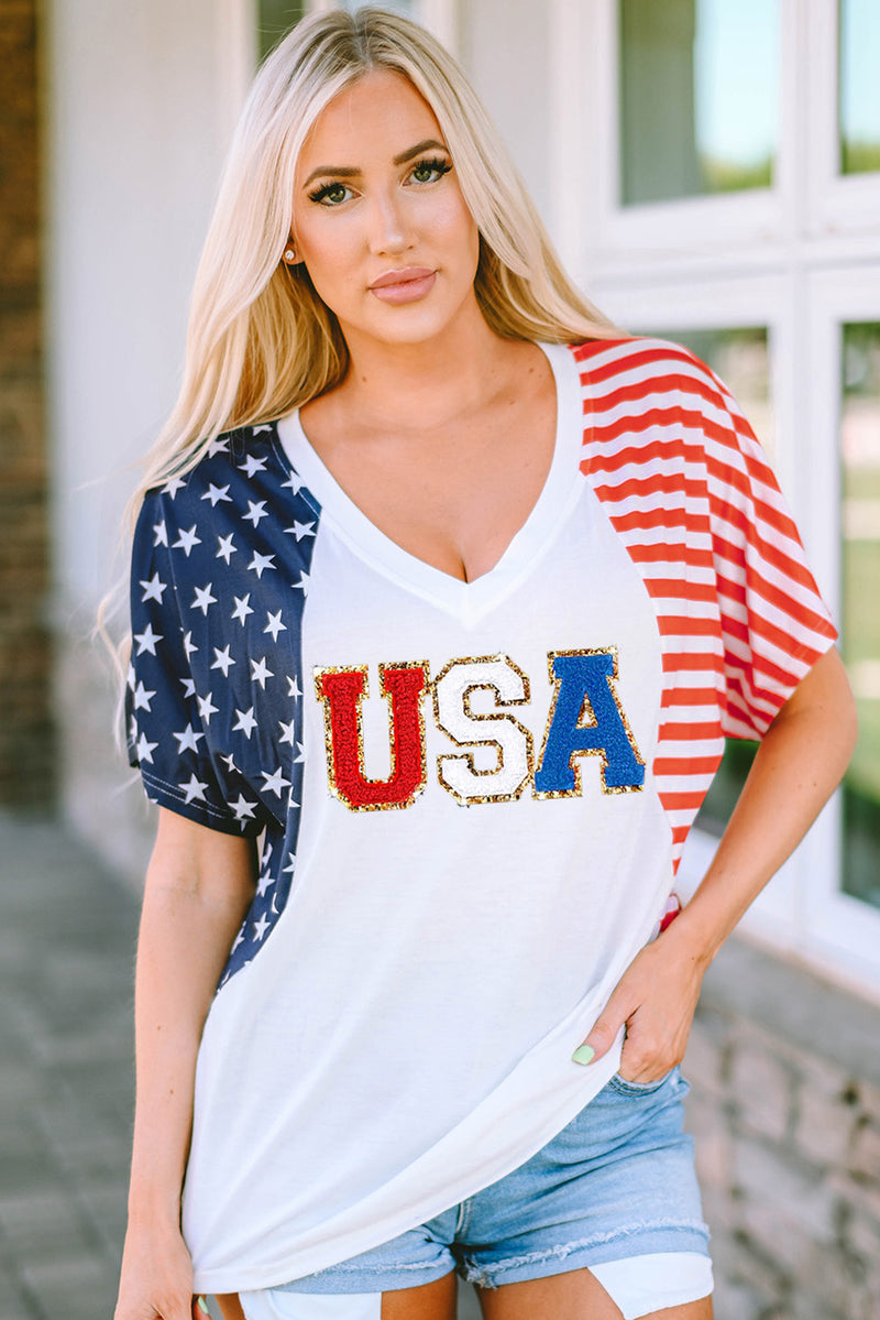 White Chenille USA Stars and Stripes Printed V Neck T Shirt