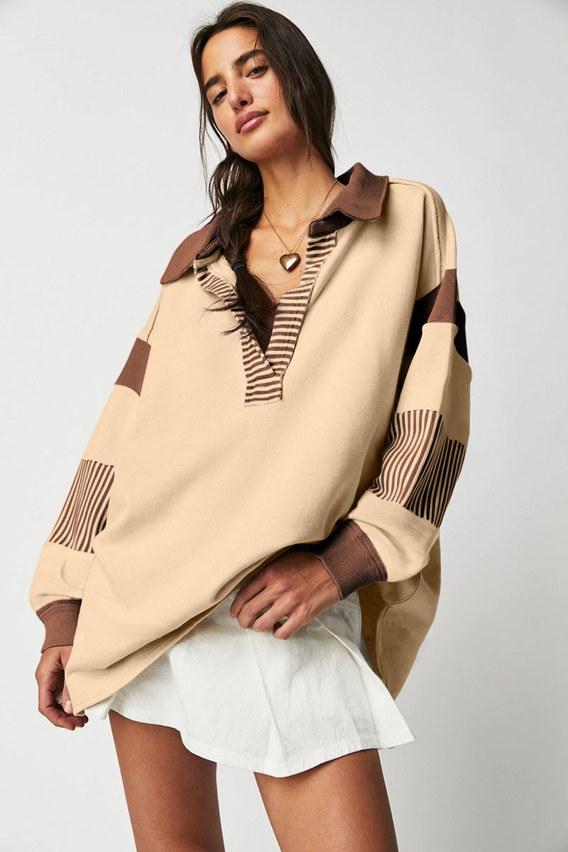 Striped Colorblock Patchwork Collar Sweatshirt