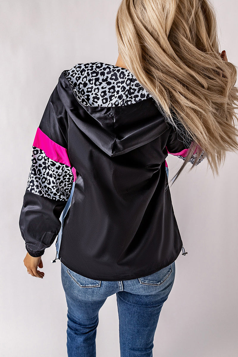 White Leopard Color Block Pockets Zip-up Hooded Jacket