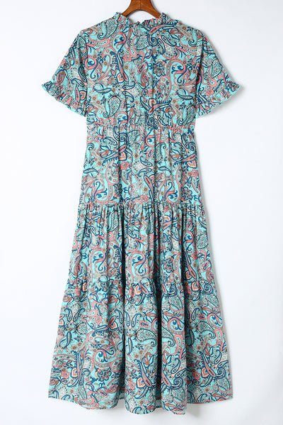 Paisley Print Boho Holiday Ruffle Tiered Maxi Dress