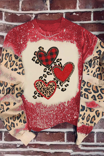 Red Leopard Heart Shaped Bleached Print Pullover Sweatshirt