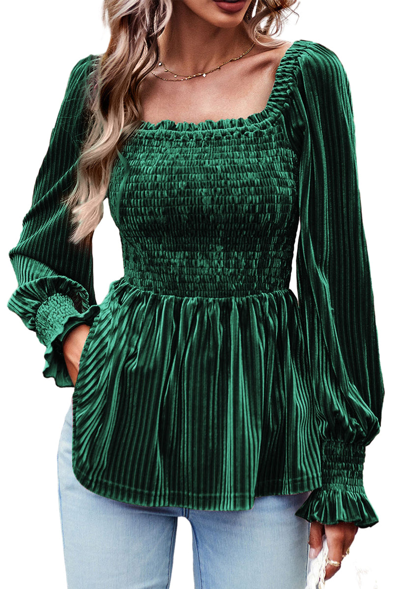 Smocked Ribbed Velvet Babydoll Top