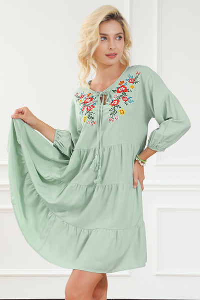 Green Floral Embroidery Tiered Ruffle Hem Dress