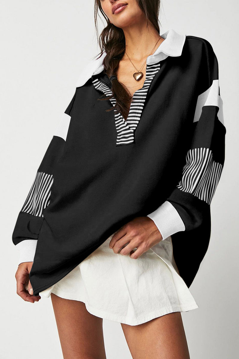 Striped Colorblock Patchwork Collar Sweatshirt