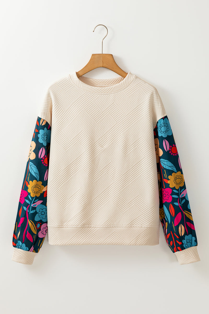 White Contrast Floral Sleeve Textured Drop Shoulder Knit Top