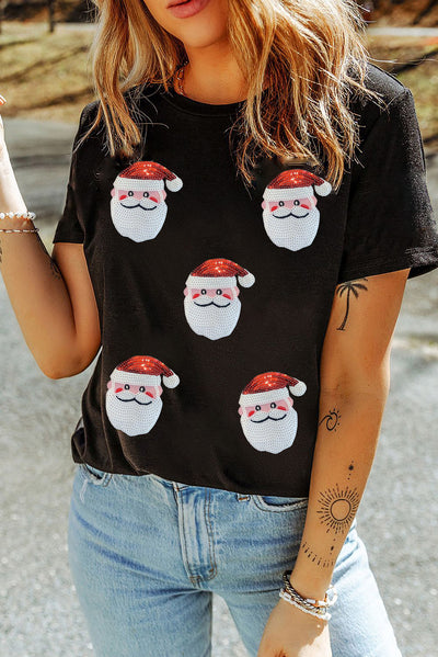 Red Sequin Christmas Claus Pattern Crewneck T Shirt