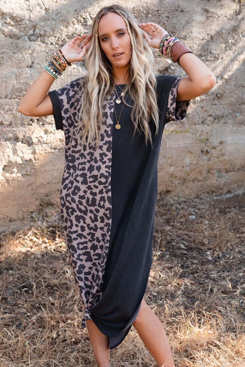 Solid Leopard Short Sleeve T-shirt Dress with Slits