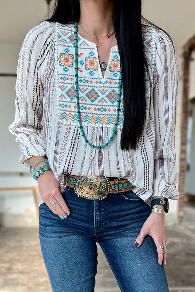 White Stripe  Notched Neckline Striped Aztec Embroidered Blouse