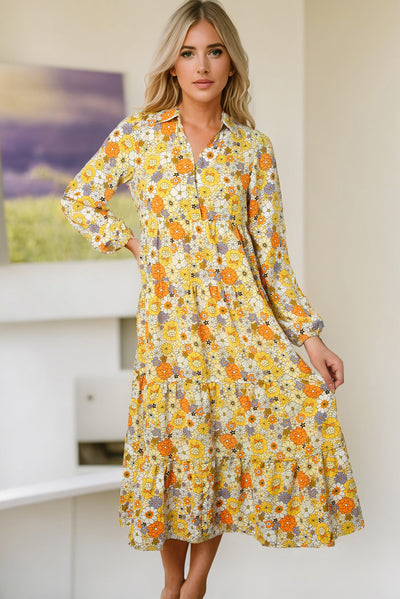 Multicolor Boho Floral Collared Long Sleeve Ruffled Dress