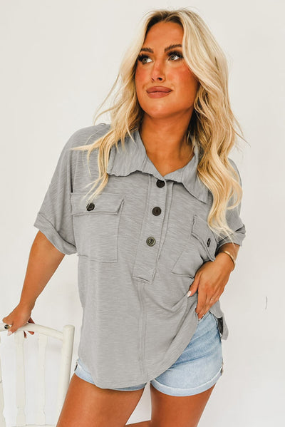 Chest Pockets Half Buttoned Collared Blouse