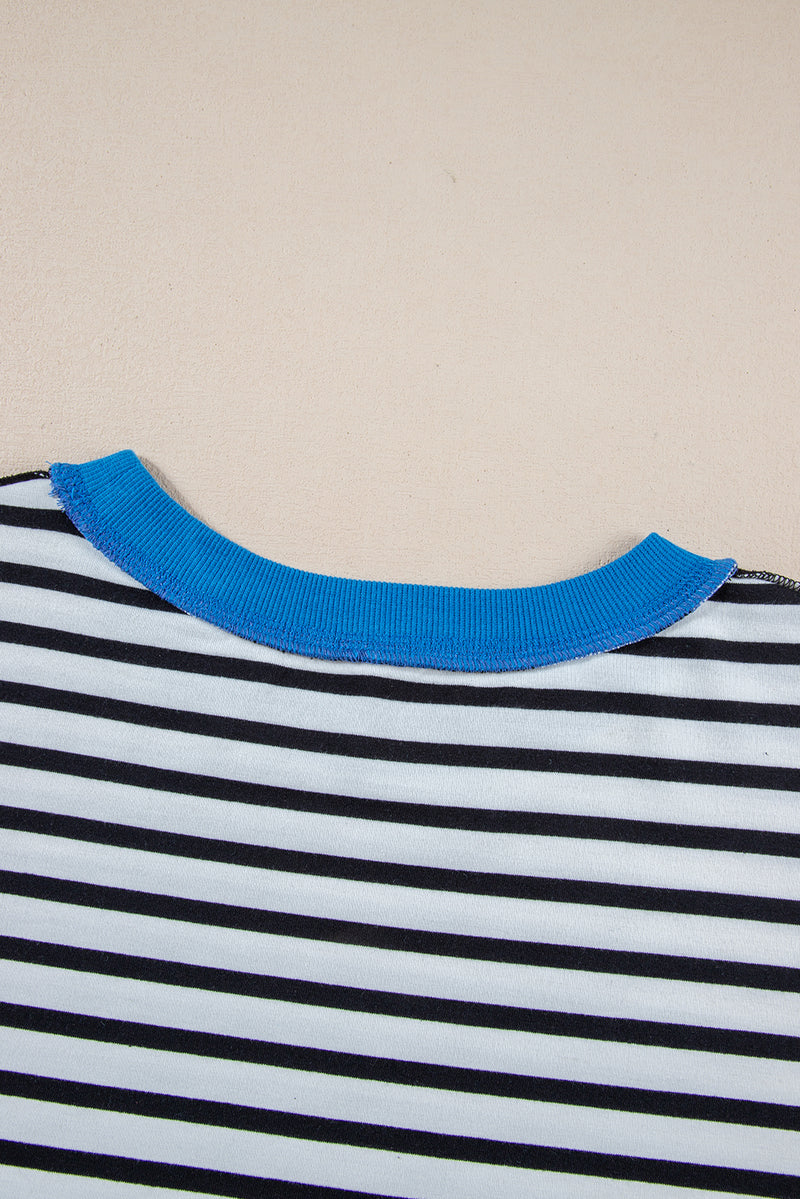 Sky Blue Stripe Oversized Contrast Trim Exposed Seam High Low T Shirt