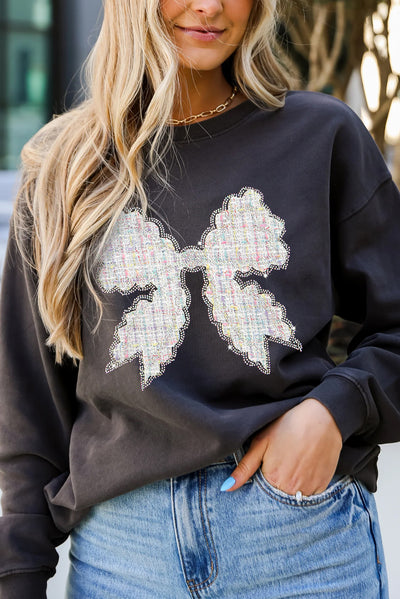 Black Rhinestone Decor Bowknot Graphic Pullover Sweatshirt