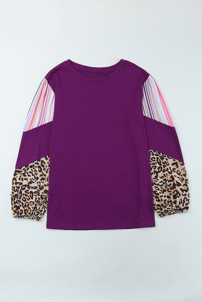 Purple Leopard Striped Color Block Plus Size Top