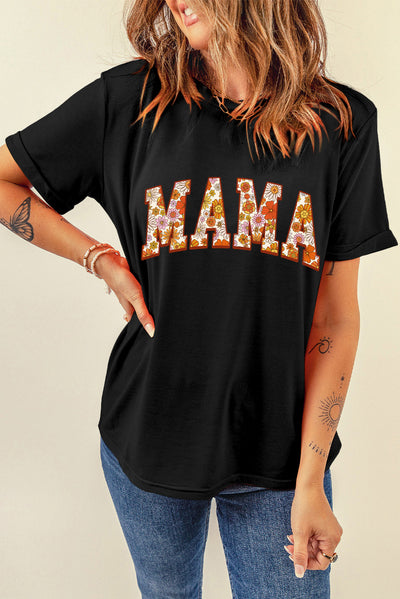 Black Flower Printed MAMA Letter Graphic T-shirt