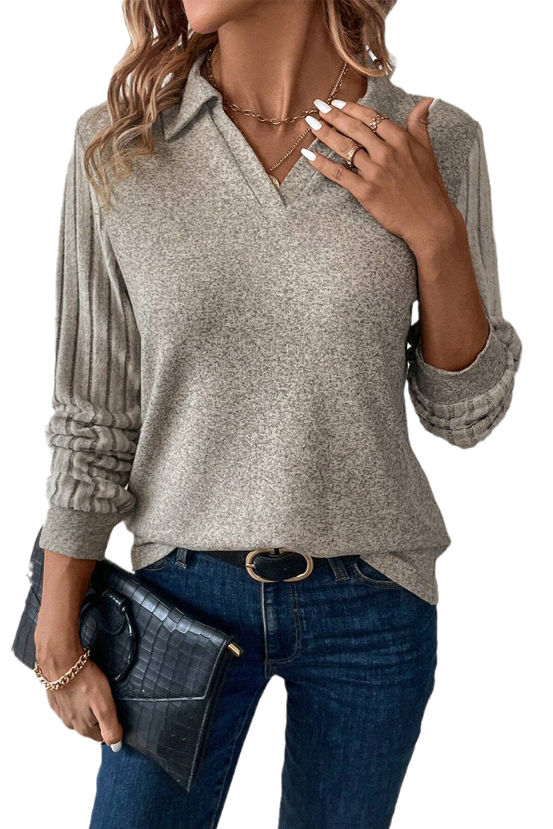 Smoke Gray Solid Color Ribbed Sleeve Collared V Neck Top