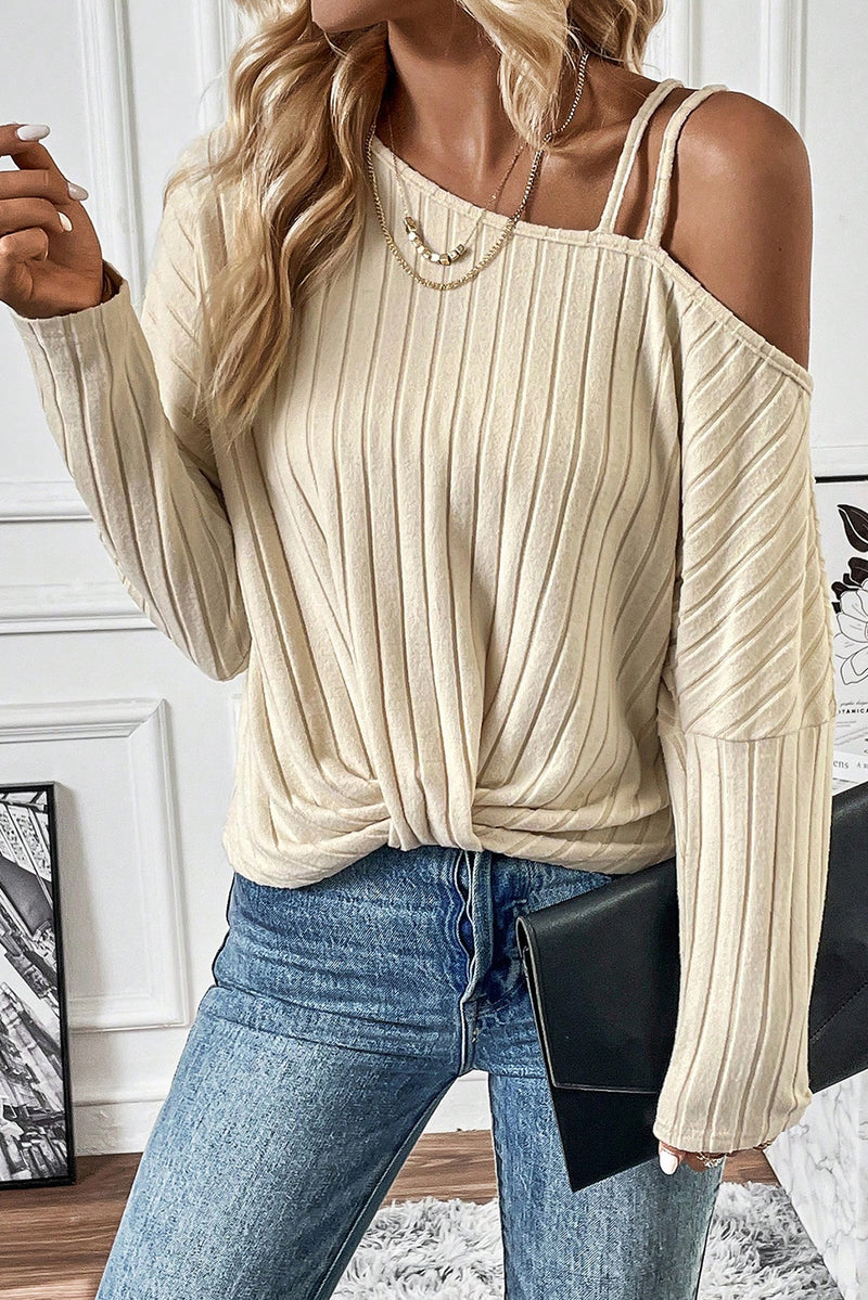 Apricot Asymmetrical Neck Cold Shoulder Twisted Knit Ribbed Top
